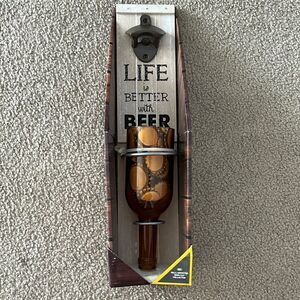 Wall Mounted Beer Cap Collector with Upside Down Glass Bottle and Cap Opener
